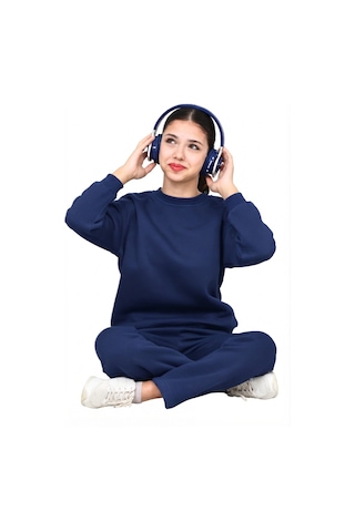 Erdem Kıds Unisex Kız-erkek Çocuk 3 İplik Şardonlu Pamuklu Basic Bisiklet Yaka Okul Eşofman Takımı Lacivert Lacivert