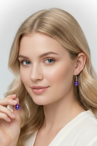 925 Ayar Gümüş Kancalı Ametist Taşlı Küpe 10 Mm Açık Mor Bymi