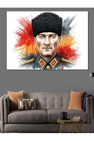 Kalpak Başlıklı Mustafa Kemal Atatürk Sulu Boya Portre Dekoratif Kanvas - Mdf Ahşap Tablo