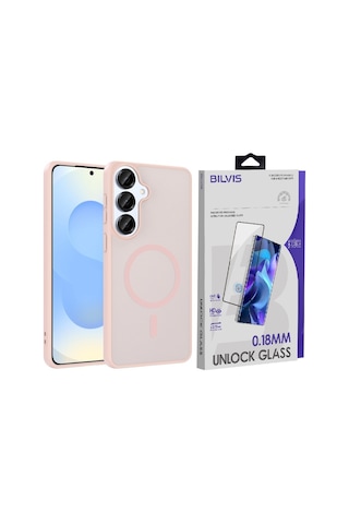 Vendas Samsung Galaxy S26 Plus Kılıf M-safe Şarj Özellikli Zore Babet Kapak + Bilvis Cam Ekran Koruyucu Pembe