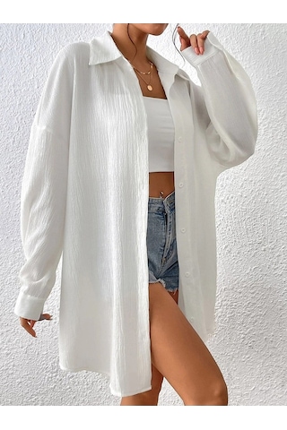 Kadın Oversize Uzun Gömlek - Beyaz Düz Uzun Gömlek Beyaz