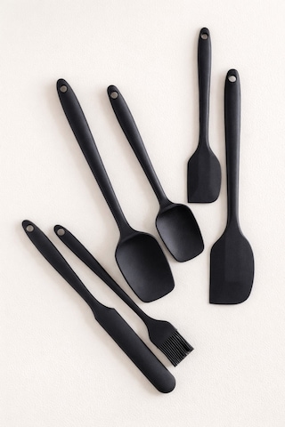 6 Parça Silikon Mutfak Gereçleri Seti Isıya Dayanıklı Spatula Kaşık Fırça Seti Siyah