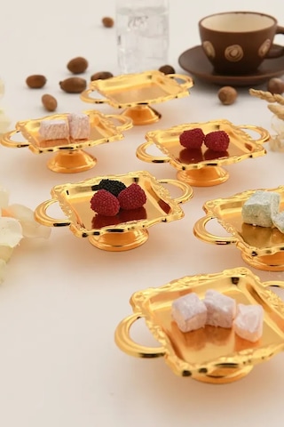 Mini Kulplu Kare Model Ayaklı Lokumluk 6'lı Takım Gold Renkli