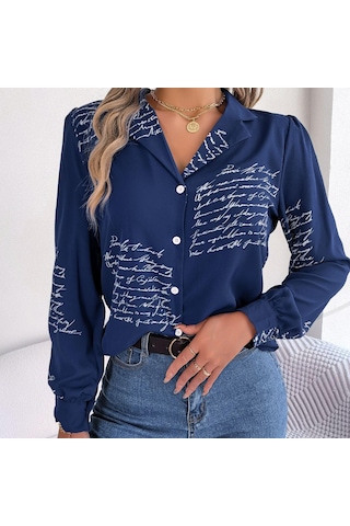 Gmxıa Kadın Modası Günlük Yazlık Takım Uzun Kollu Yaka Bluzlar Ve Alfabe Gömlekler Koyu Mavi