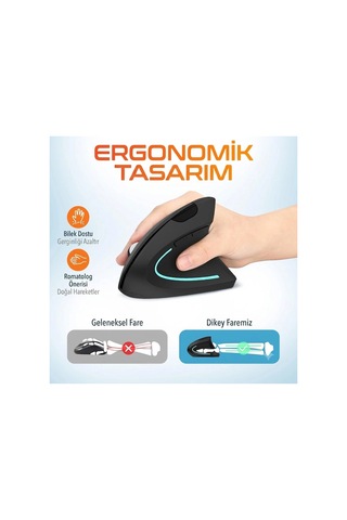 2.4g Dikey Ergonomik Kablosuz Optik Mouse - 800/1200/1600 Dpı - Siyah