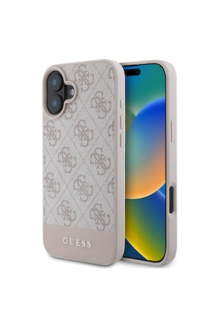 Apple Uyumlu iPhone 16 Kılıf Guess Lisanslı Pu Deri Şerit Logo Dizaynlı Kapak Pembe
