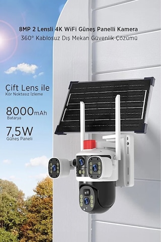 Güneş Enerjili Wifi Güvenlik Kamerası 2k 2560 1440p, 8000mah, Gece Görüş + Hareket Algılama