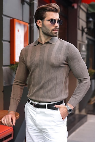 Madmext Açık Kahverengi Regular Fit Polo Yaka Triko Erkek Kazak E7509