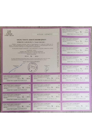Salihli Tekstil Hisse Senedi 10 Milyon Lira 1991-2000.
