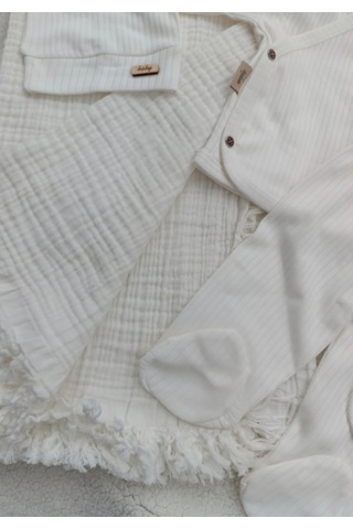 Kız Erkek Bebek 4 Kat Müslin Battaniyeli Ekru 6'lı Hastane Çıkışı Ekru