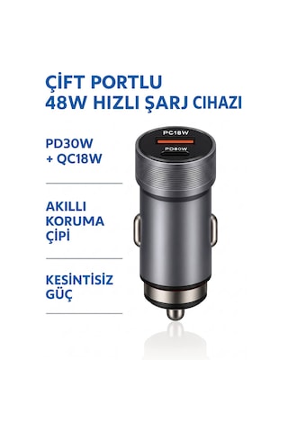 48w Hızlı Araç Şarj Cihazı - Çift Port Pd 30w Ve Qc 18w Usb Araç Şarjı -