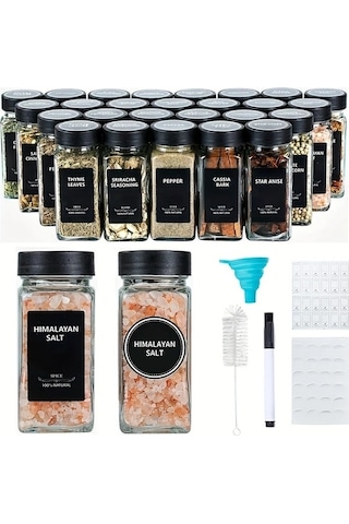 Trendooze Kahverengi 12li Cam Baharat Şişesi Seti 4oz Kapaklı Fırınlı Funnel Ve Kalem Kahverengi Siyah