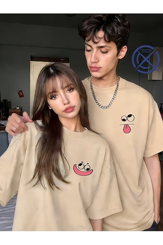 Nevermind Sevgili Kombini Tişört 2 Li Set Unisex Minimal Yüz Baskılı Çift T Bej