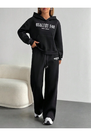 Macklin Unisex Kadın Erkek Healty For Baskılı Oversize 3 İplik Kapüşonlu Sweatshirt Ve Baggy Eşofman Altı Siyah