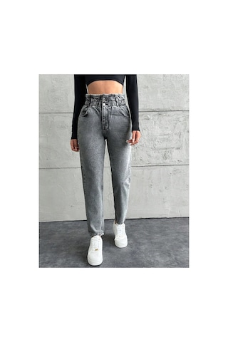Kene Jeans Yüksek Bel Kar Siyah Çift Düğme Kemer Büzgülü Mom Jeans Kar Siyah