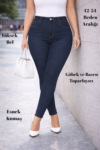 Cedy Denim Slim Fit Jean Büyük Beden Yüksek Bel Dar Kesim Esnek Kot Pantolon C597 Lacivert