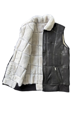 Patchwoork İçi Dışı Gerçek Deri Yakalı Beli Trikolu Yelek Siyah