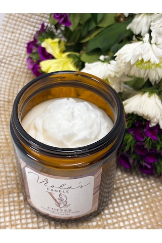 Violas Candle Amber Renk Cam Kavanoz Kahve Kokulu %100 Soya Wax Mum Beyaz