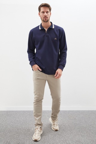 Fullamoda Nakışlı Yarım Düğmeli Polo Yaka Modal Sweatshirt Lacivert