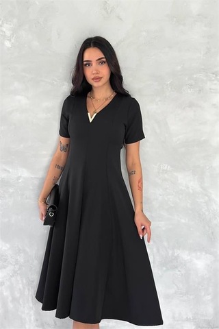 Dipmoda Kadın Esnek V-yaka Midi Boy Astarsız Elbise Dpk4179 Siyah