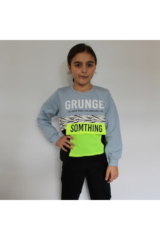Milenawear by Milena Grunde Nakışlı Bisiklet Yaka Cepli Kalın Kız Çocuk Alt Üst Takım Mavi