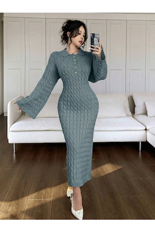 Sayzen Your Shine Gömlek Yaka Düğmeli Saç Örgülü Triko Elbise Sy-2515 Nardo Gri