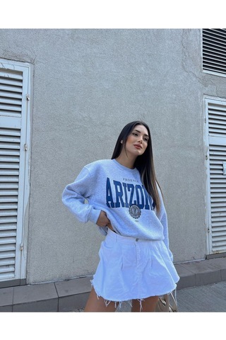 Arizona Yazılı Sweatshirt - Gri Baskılı Oversize Bisiklet Yaka Gri