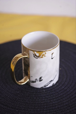 Yaldızlı Mermer Desen Porselen Kupa Tekli Beyaz