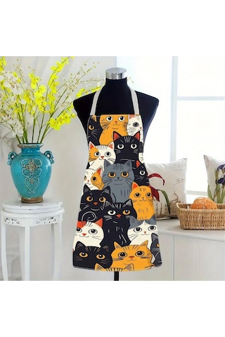 Valkyrie Kedi Desenli Mutfak Önlüğü Cepli Ayarlanabilir Askılı Unisex Mutfak Pişirme Servis Temizlik Önlüğü Siyah