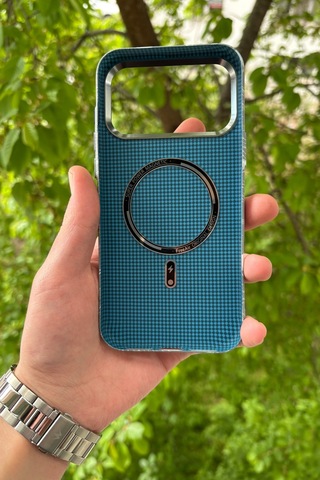 Apple Uyumlu iPhone 17 Pro Deniz Dalgası Desenli Soft Dokulu Karbon Fiber Magsafe Kılıf Gri
