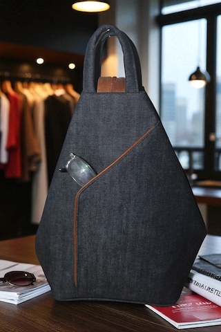 Denim Kumaş Kadın Sırt Ve Omuz Çantası Vazo Model Lacivert Renk Taba Deri Detaylı Lacivert-taba