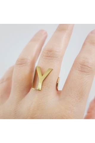 Çelik Gold Düz Kesim Harf Yüzük -y Harfi- Ayarlı Ölçü-1900