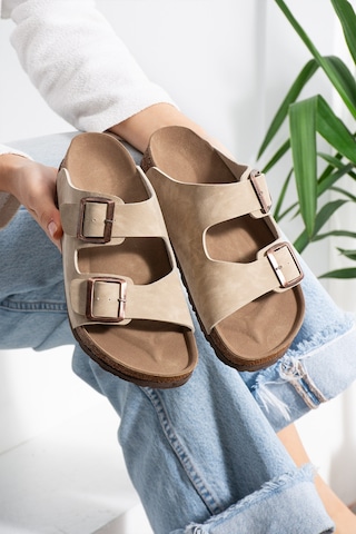 Stwenn Çift Tokalı Ortopedik Taban Terlik Unisex Günlük Rahat Kaymaz Taban Yazlık Sandalet Bej