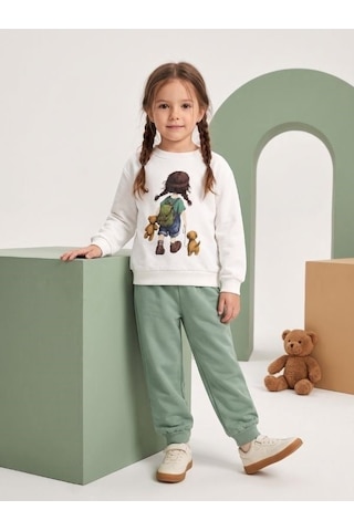 Zekids Kız Çocuk Ekru Baskılı Sweatshirt Ve Yeşil Jogger Eşofman Takımı-17434 Beyaz