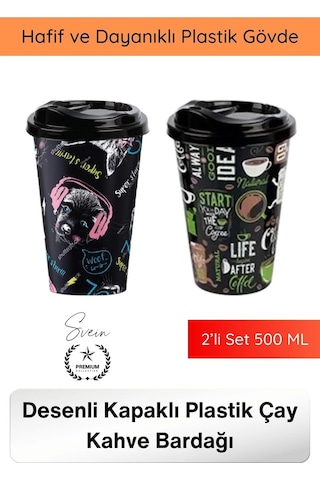 Bardak Renkli Desenli Kapaklı Plastik Çay Kahve Bardağı 2 Li Set 500 Ml Taşınabilir İçecek Kupası S Diğer