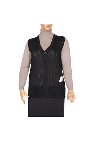 Hesna Kadın Taçlı Triko Ajurlu Broşlu Yelek Siyah Siyah