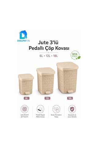 Jute 3 Lü Pedallı Çöp Kovası Seti 6 L + 12 L + 18 L Bej