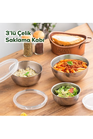 Devigo Şeffaf Sızdırmaz Kapaklı Paslanmaz Çelik Saklama Kabı Seti Gümüş 3 Adet Gümüş