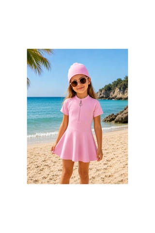 Toikids Kız Çocuk Kısa Kollu Fermuarlı Mayo Uv Korumalı Deniz Ve Havuz Şortlu Mayo 3 Parça Pembe