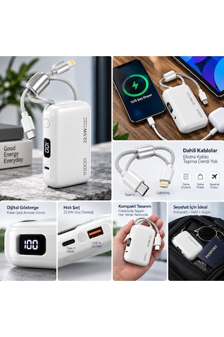 Samsung Galaxy A52 / A52s 5g / A72uyumlu 10.000 Mah Çift Dahili Kablolu Mini Powerbank 22.5w Hızlı Şarj Taşınabilir Batarya Siyah