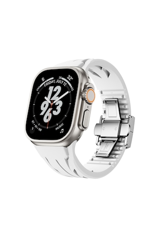 Mobilteam Apple Uyumlu  Watch Ultra 49mm Krd-127 Metal Tokalı Silikon Kordon-beyaz