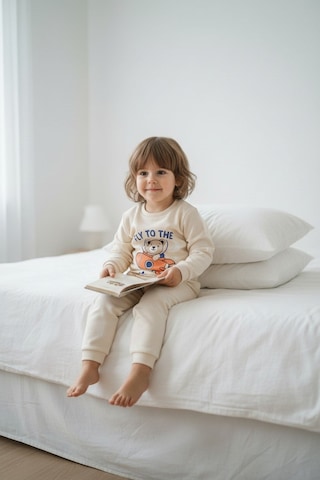 Aden Kids Mevsimlik Pamuklu Kumaş Karikatürlü Çocuk Pijama Takımı Bej