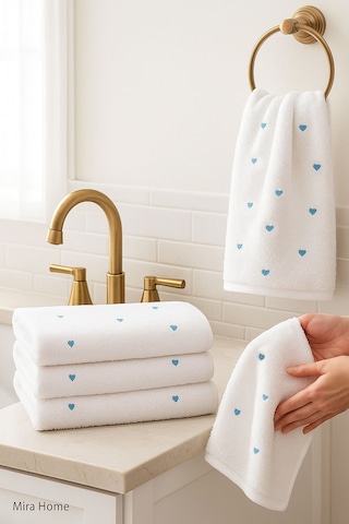 4 Lü Kalp Nakış İşlemeli El Yüz Havlu Seti %100 Pamuklu 50x90 Cm Hand Of Love Turkuaz