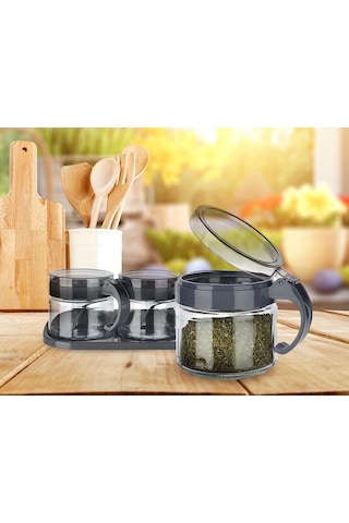 Baharat Seti 3 Adet Kaşıklı Standlı Cam Baharatlık Renkli