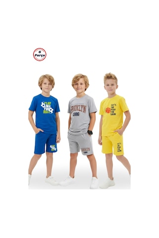Fyk Kids 3'lü Bisiklet Yaka Baskı Detaylı Renkli Kaprili Erkek Çocuk 6 Parça Alt Üst Takım Çok Renkli