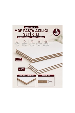 Profesyonel Mdf Pasta Altlığı Seti 6'lı 3 Adet 30x30 Cm + 3 Adet 25x25 Cm 3 Mm Tek Yüzü Beyaz Premium Pasta Sunum Altlığı Beyaz / Kahverengi