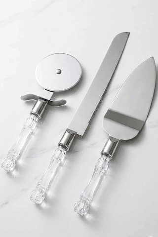 Thentech 3lü Kristal Görünümlü Saplı Çelik Servis Seti Pizza Kesici Kek Bıçağı Pasta Spatulası Çeyizlik Gri