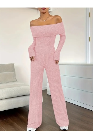 Ge Ticaret Kadın Uzun Kollu Madonna Yaka Şardonlu Kaşkorse Tulum Pembe