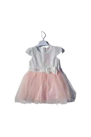 Kız Çocuk Güpürlü Tüllü Fiyonklu Tütü Elbise-12658-pudra Pudra