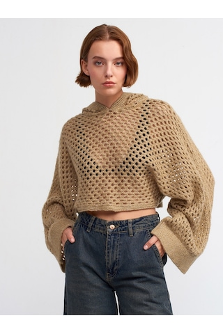 Dilvin Kapşonlu Simli Kimono KazakAltın Altın - Bej